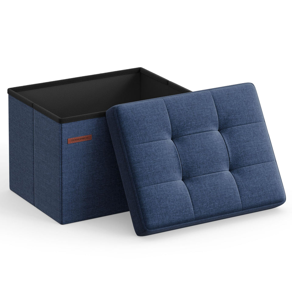 SONGMICS Mazie folding storage ottoman with linen-look surface offers stylish storage and seating.