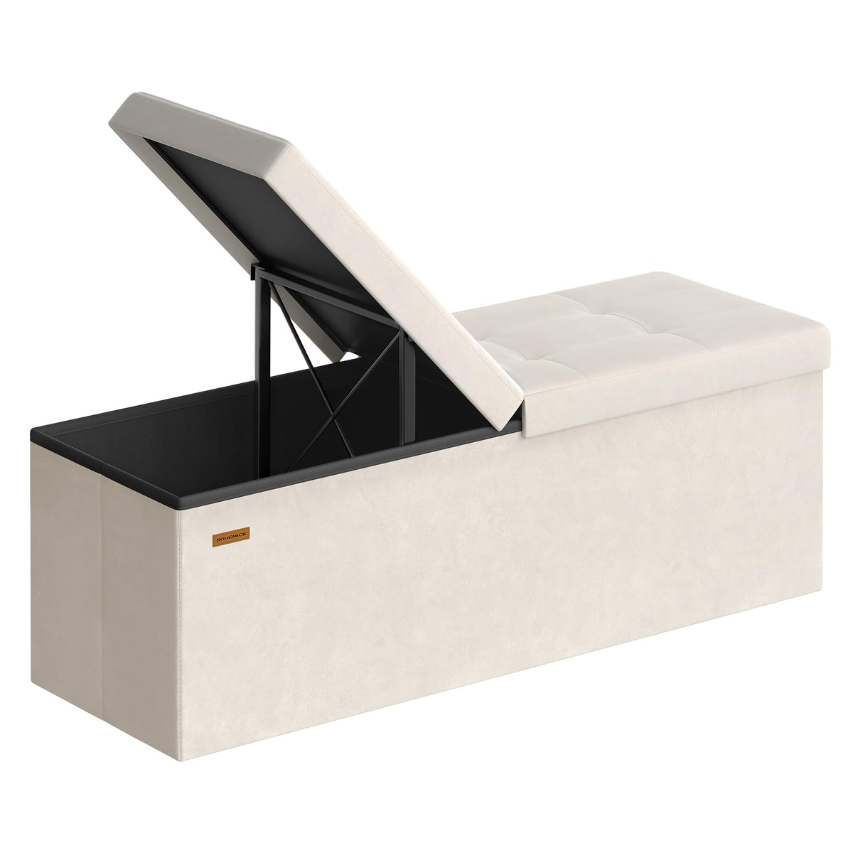 SONGMICS Mazie folding storage ottoman showing quick setup for clutter-free entryways.