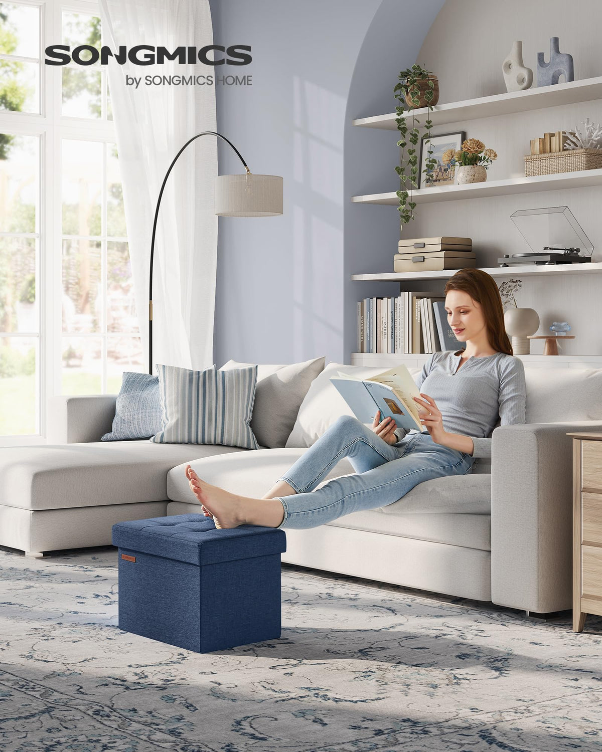 SONGMICS Mazie foot-rest stool with tufted design enhances comfort during relaxation.