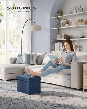 SONGMICS Mazie foot-rest stool with tufted design enhances comfort during relaxation.