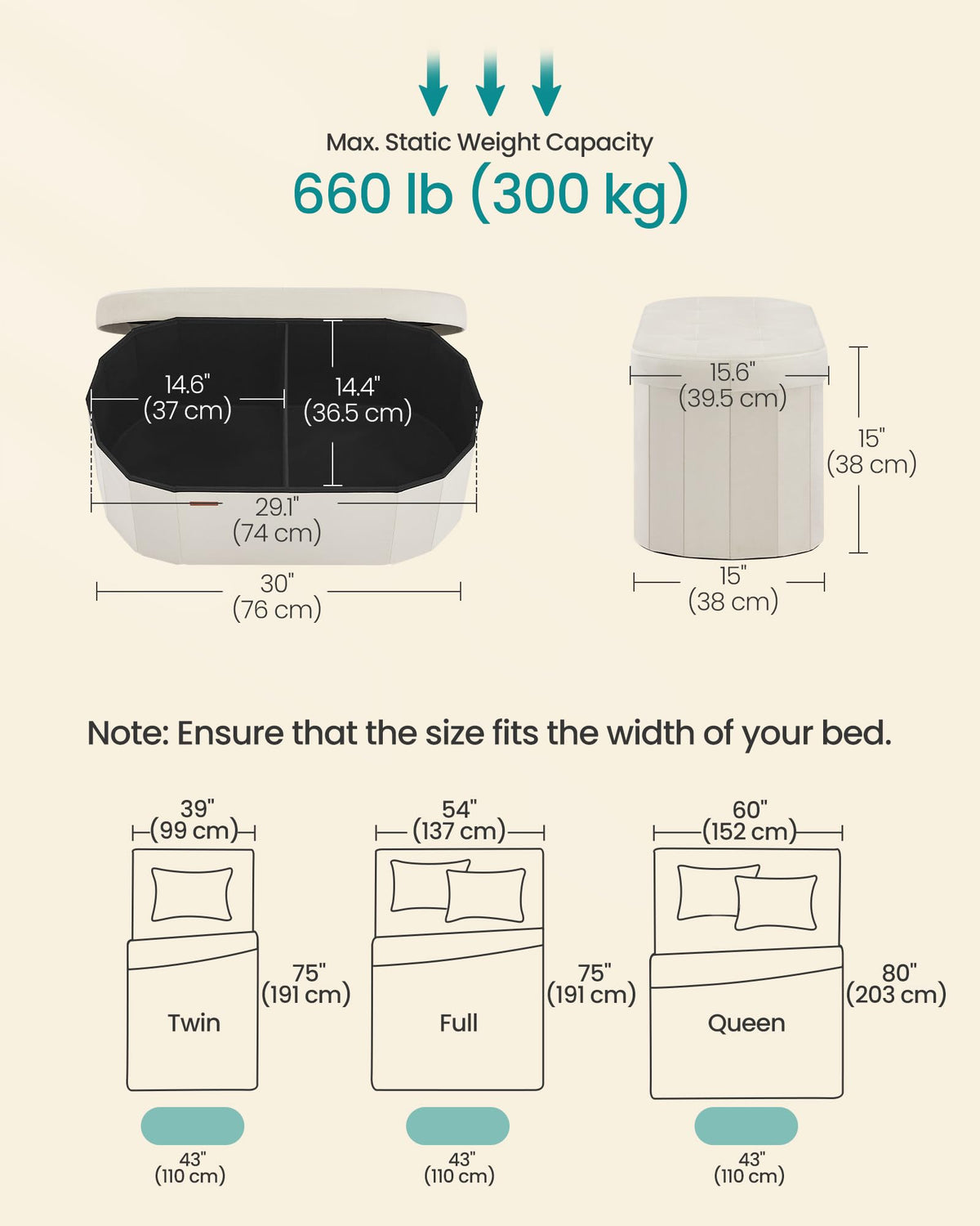 Songmics Mazie ottoman interior divider keeps blankets and clothes neatly organized.