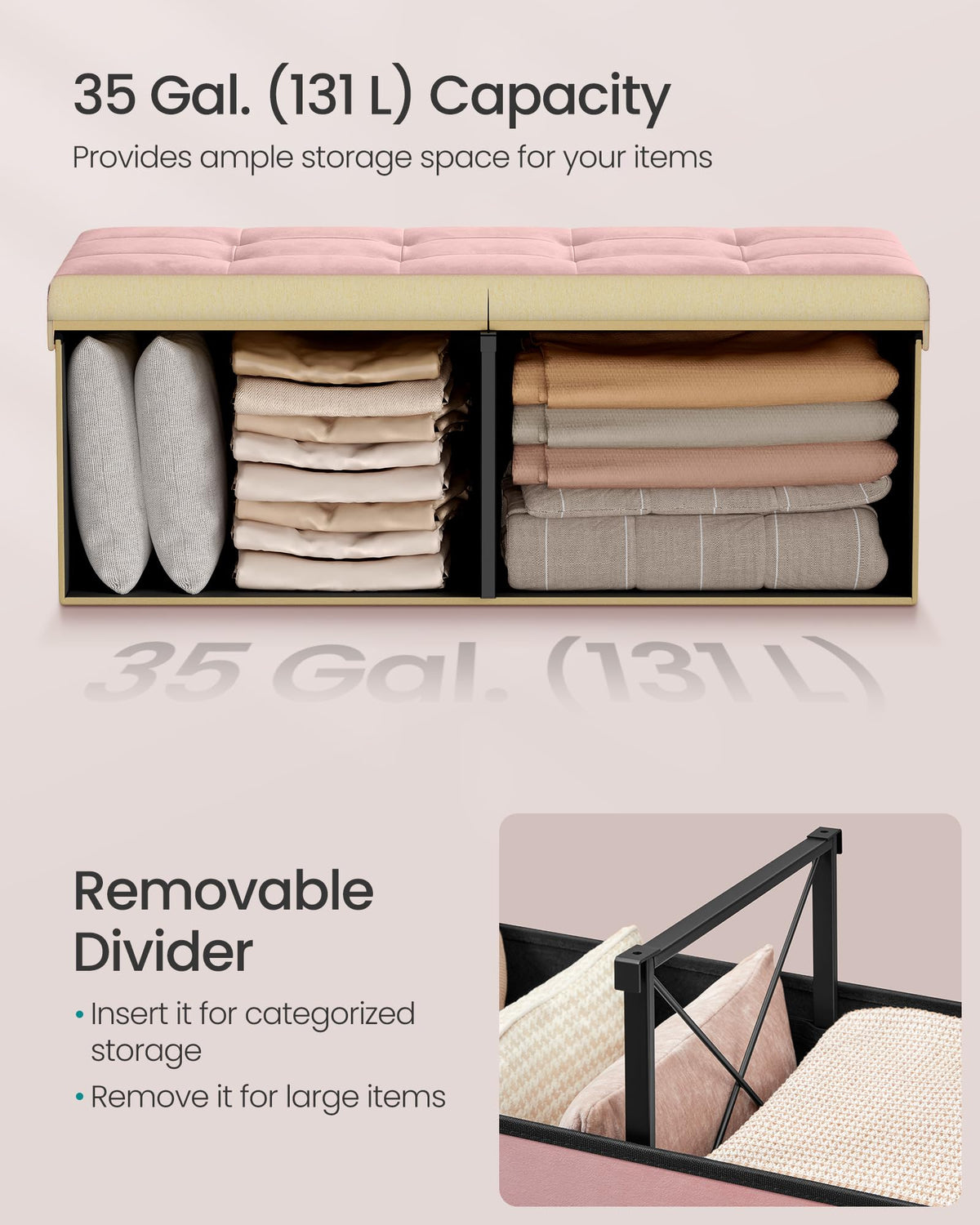 SONGMICS Mazie metal corner guards protect the lid during daily use.