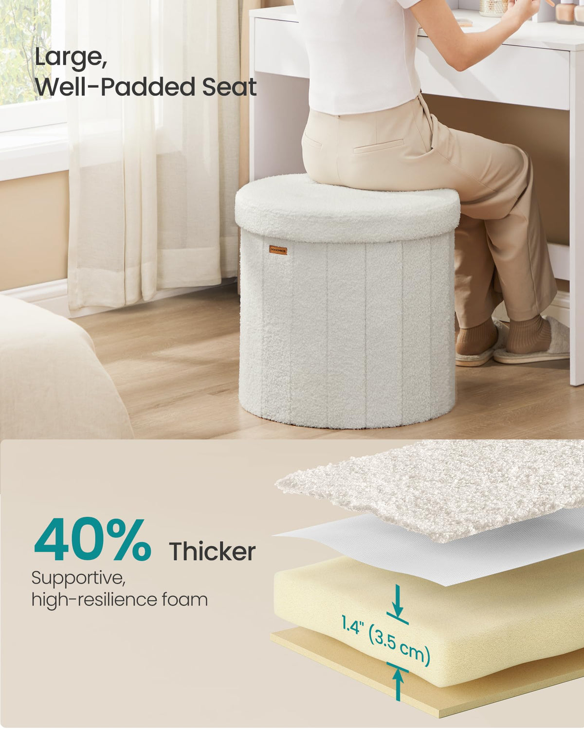 SONGMICS Mazie round ottoman open to reveal large interior storage space.