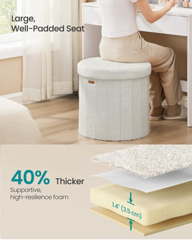 SONGMICS Mazie round ottoman open to reveal large interior storage space.