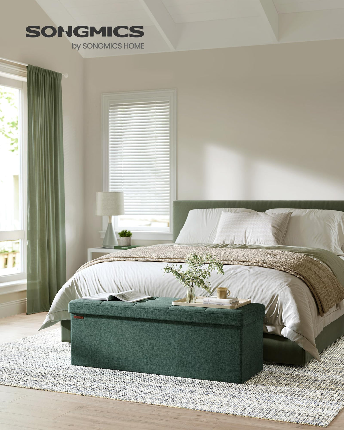 SONGMICS MAZIE ottoman with open interior highlights 131 L capacity for blankets and throws.