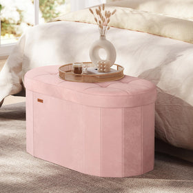 Songmics Mazie oval storage bench in jelly pink ideal for blankets and decluttering
