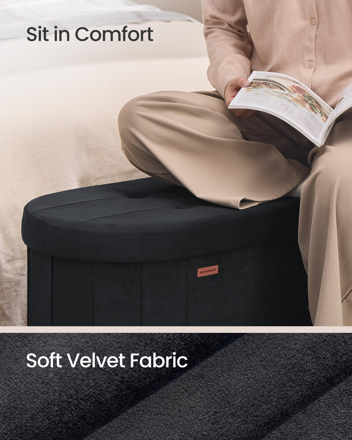 Front view of Songmics Mazie oval storage ottoman in ink black