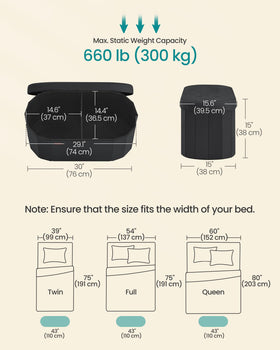 Mazie ottoman lid open to reveal 70 L storage with divider in ink black