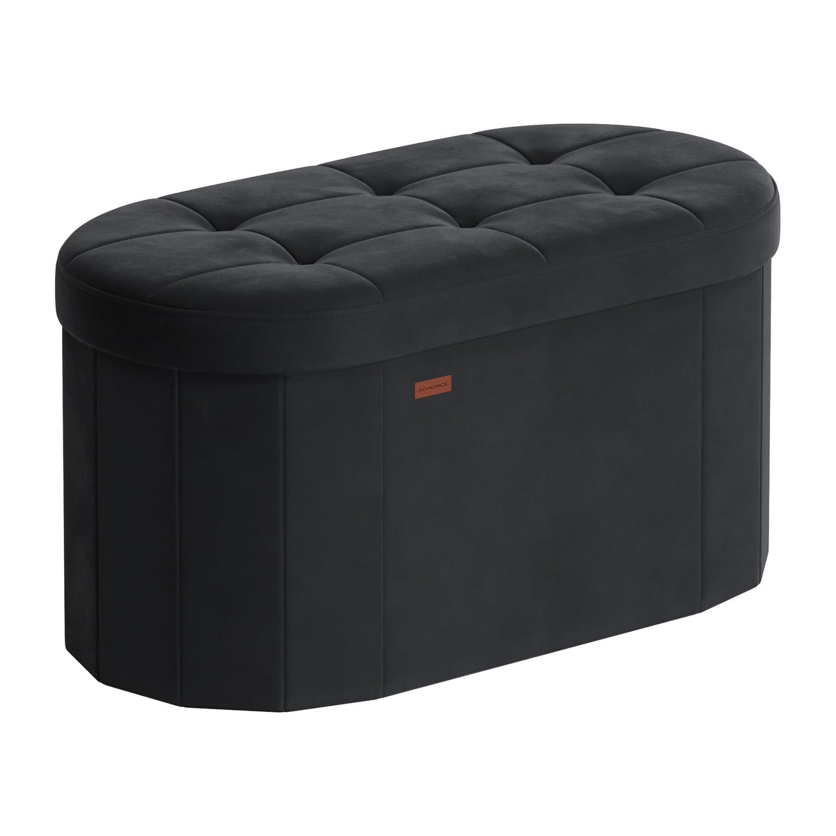 Songmics Mazie oval storage ottoman in ink black, top view with velvet finish for elegant seating