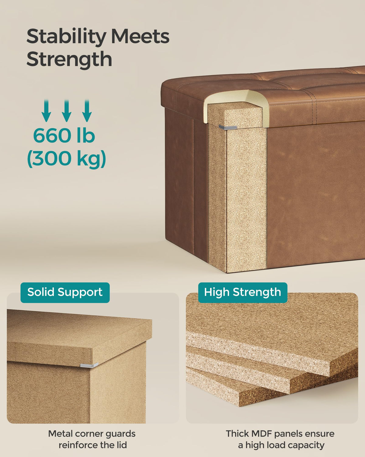 Side view of Songmics Mazie ottoman highlights sturdy construction