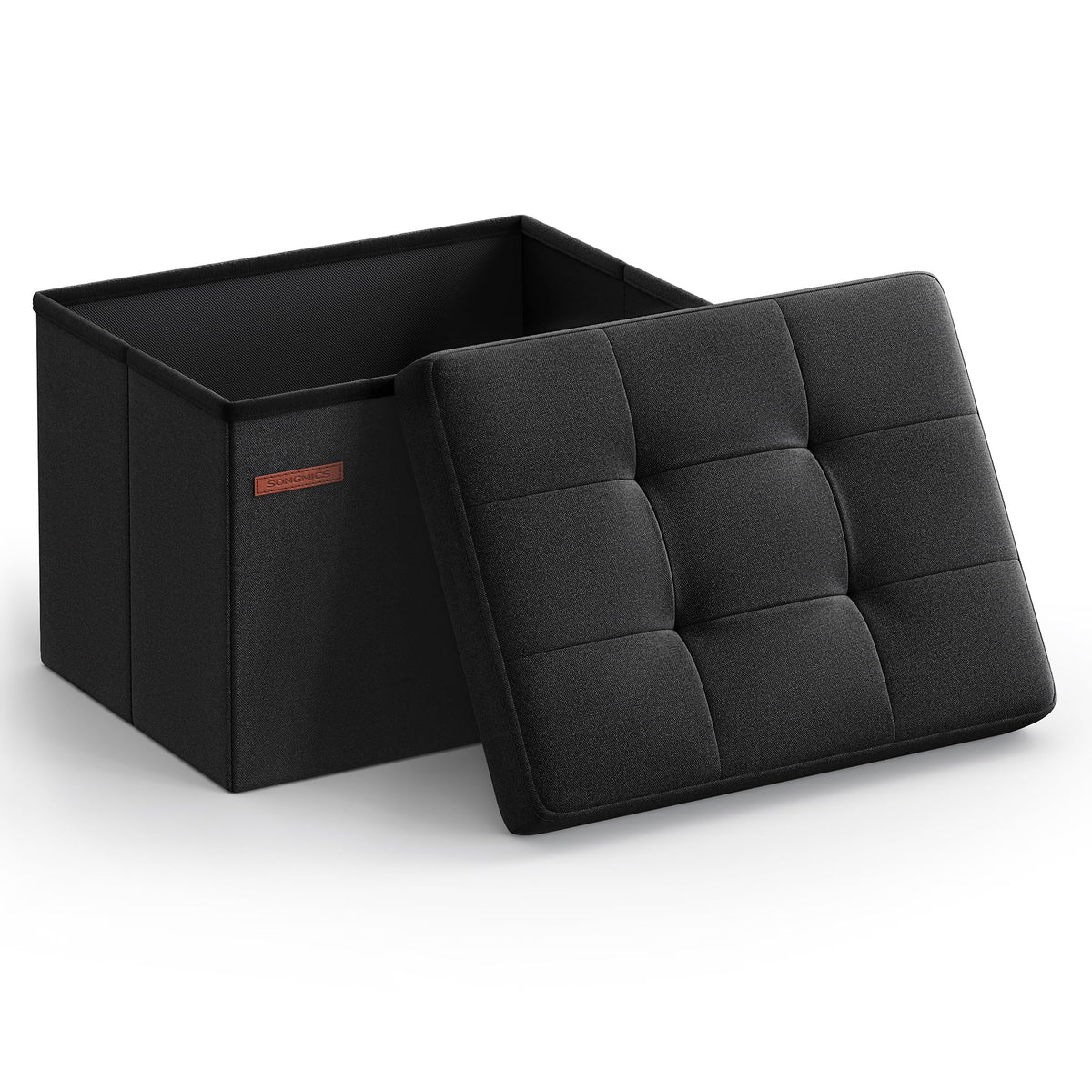 SONGMICS MAZIE ink-black folding storage ottoman with tufted lid for seating and storage