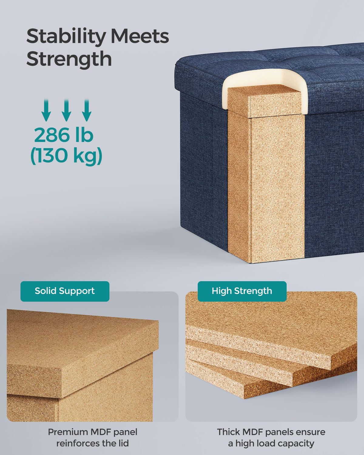SONGMICS Mazie solid MDF construction for durable seating and sturdy storage.