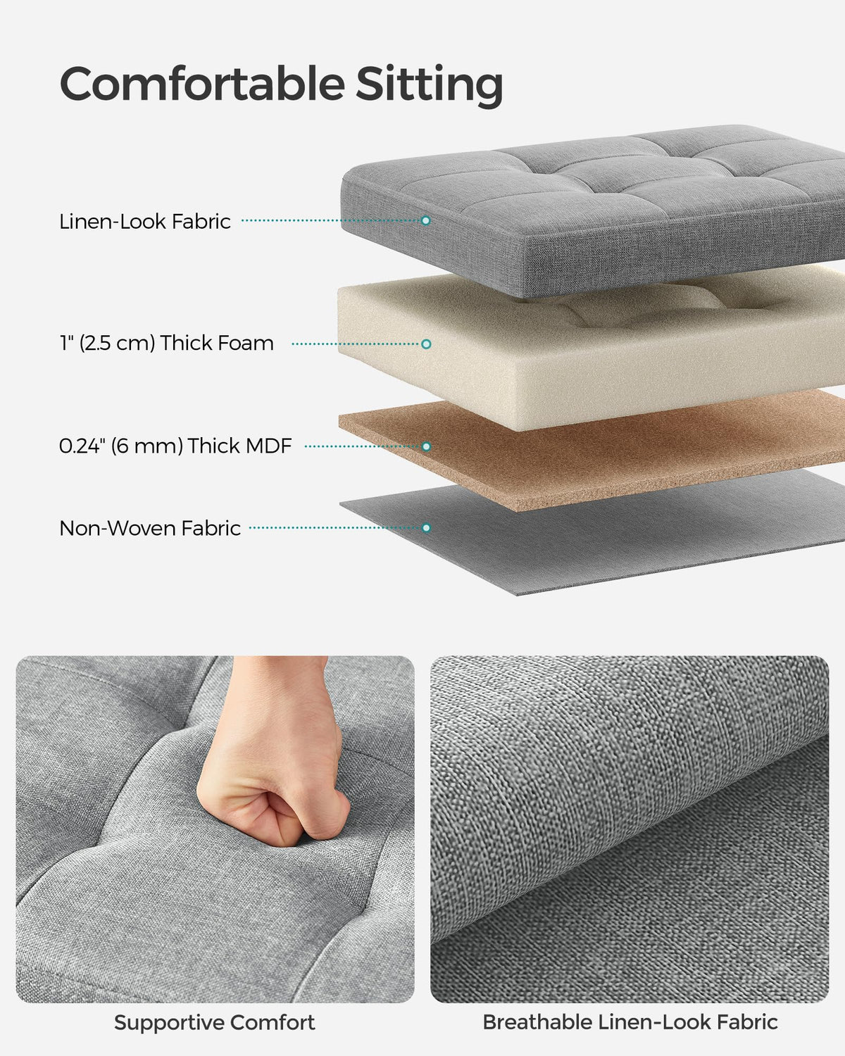 SONGMICS Mazie ottoman with solid MDF panels supports durable seating.