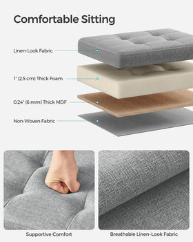 SONGMICS Mazie ottoman with solid MDF panels supports durable seating.