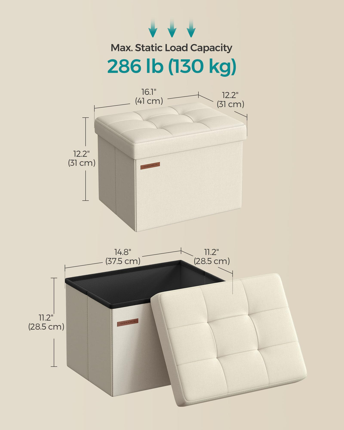 SONGMICS Mazie storage ottoman with linen-look fabric keeps magazines organized and within reach.