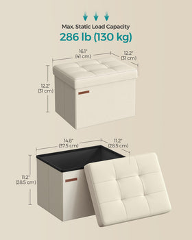 SONGMICS Mazie storage ottoman with linen-look fabric keeps magazines organized and within reach.