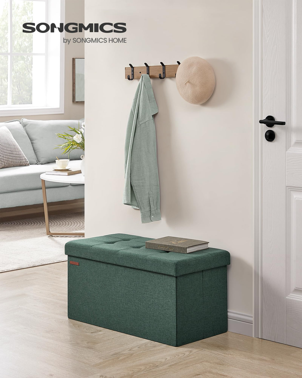 Songmics Mazie storage ottoman showing 89 L capacity for blankets and magazines
