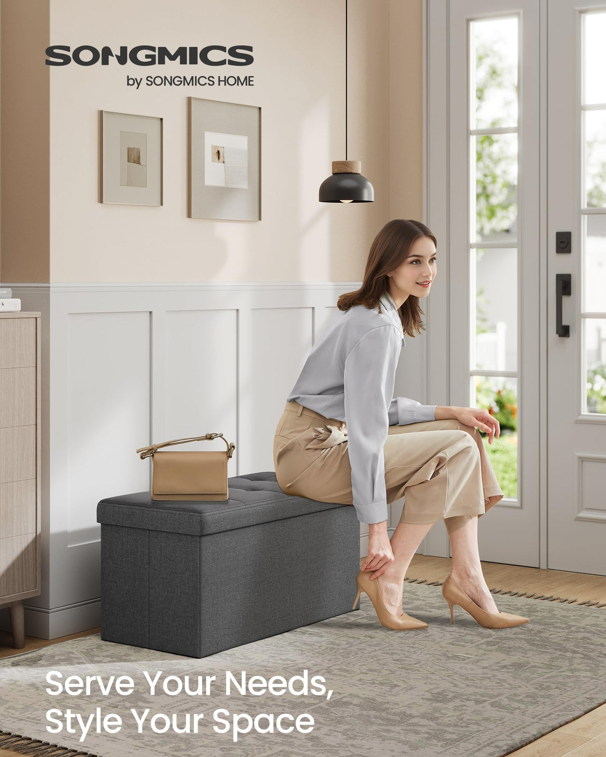 SONGMICS MAZIE storage compartment open showing 89 L capacity