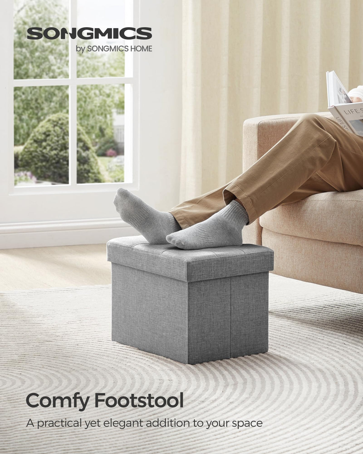 SONGMICS Mazie storage ottoman showing 32 L capacity for organized items.