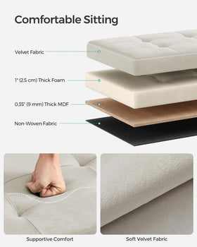 SONGMICS Mazie storage-ottoman-ample-storage emphasizes 35-gallon capacity for blankets and books.