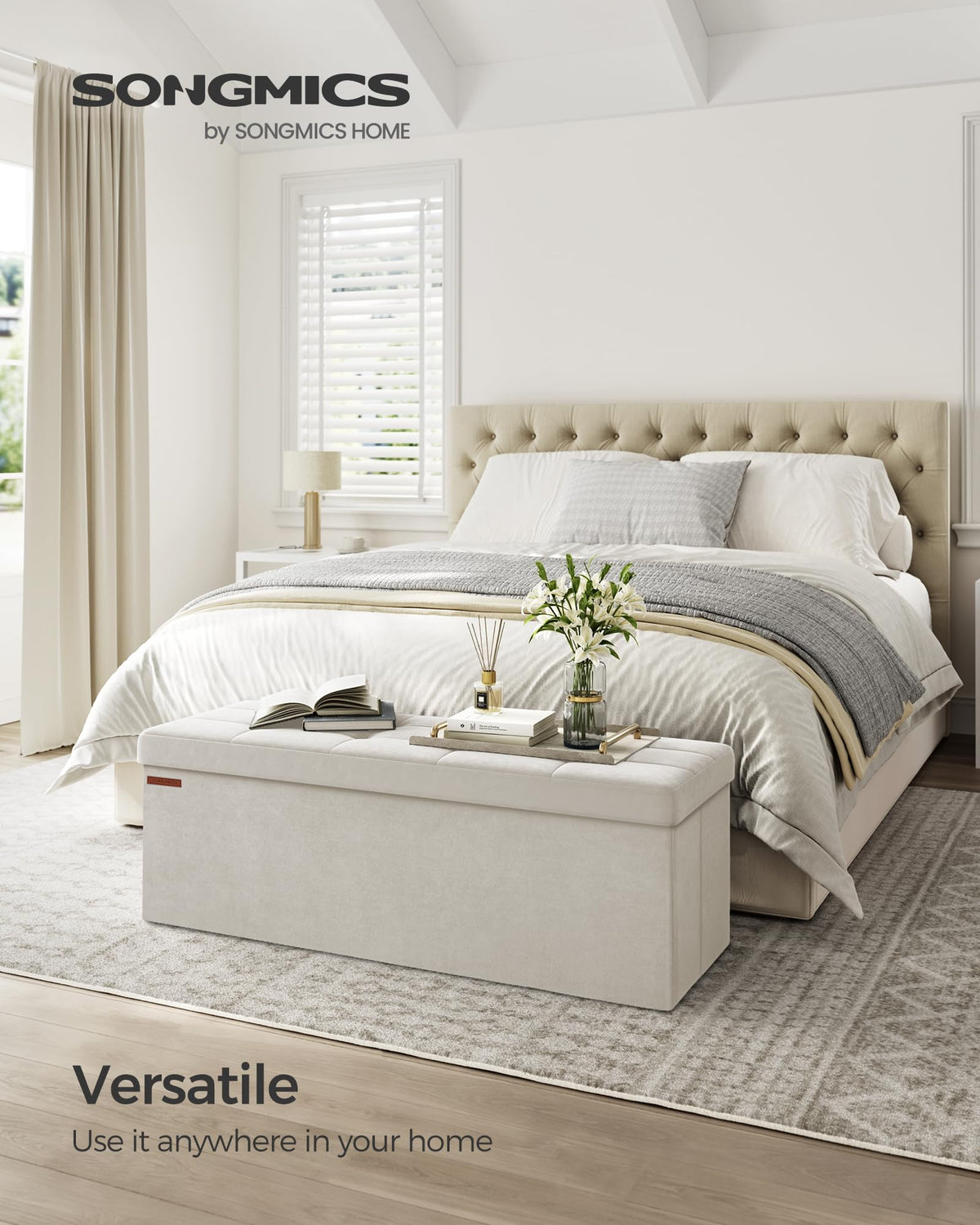 SONGMICS Mazie storage-ottoman-lid-strength highlights sturdy MDF and metal corner guards.