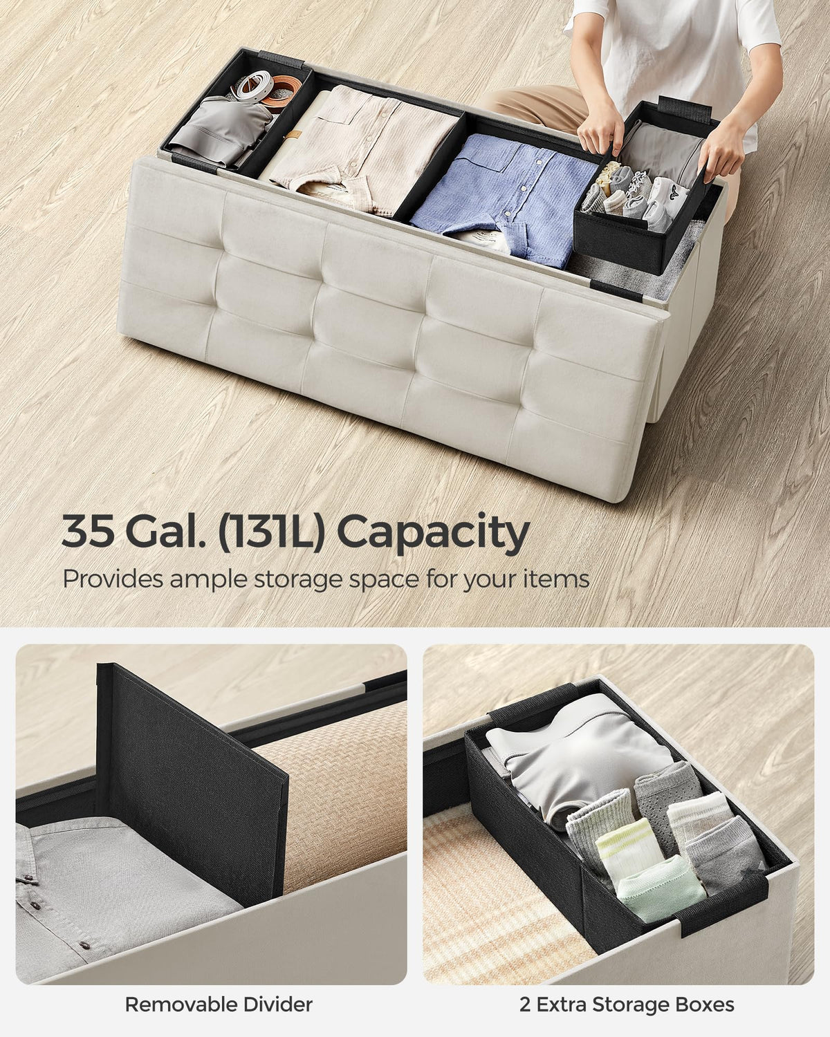SONGMICS Mazie storage-ottoman-tufted-velvet conveys elegant design and comfortable seating.