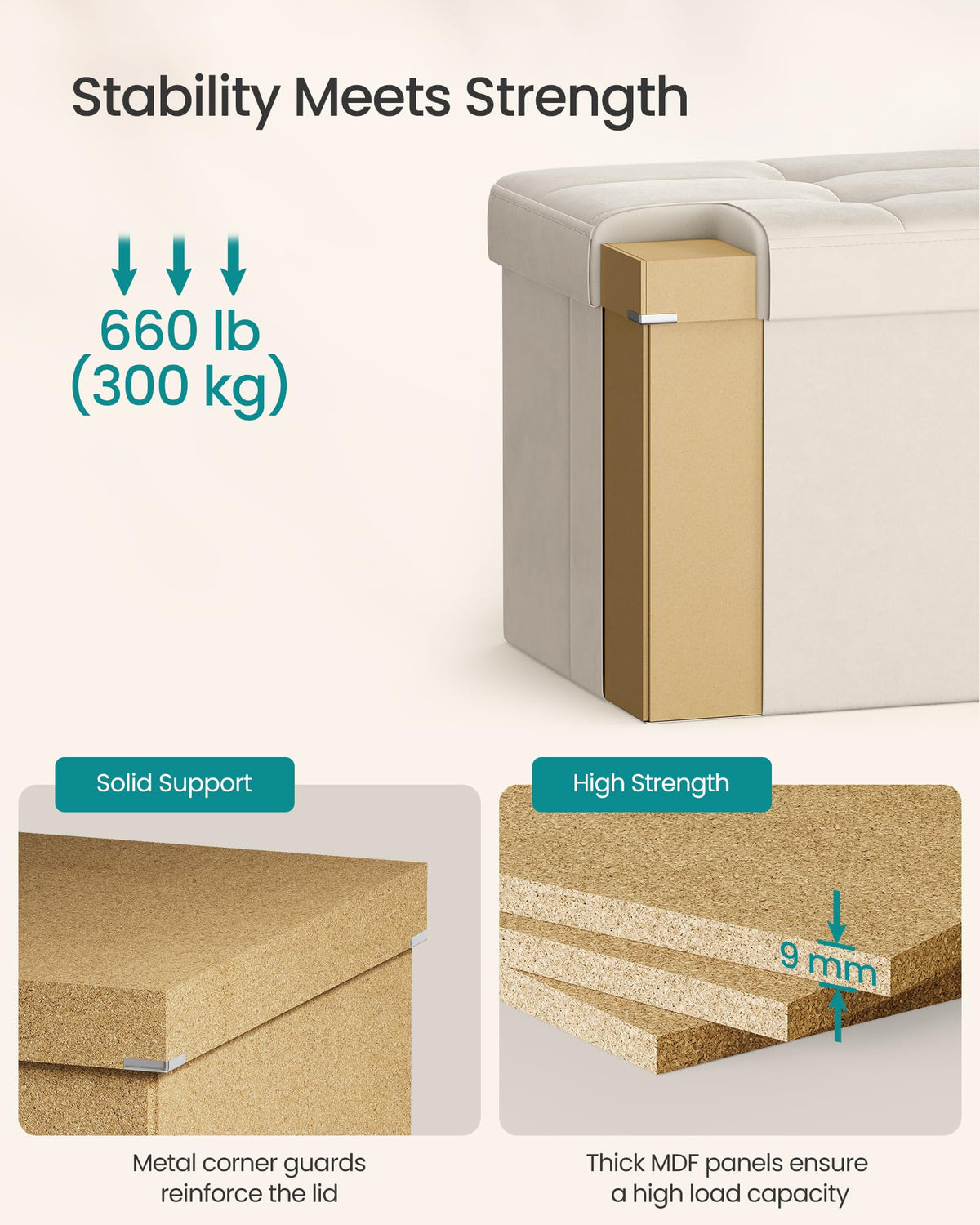 SONGMICS Mazie velvet cream white fabric adds refined, comfortable style.