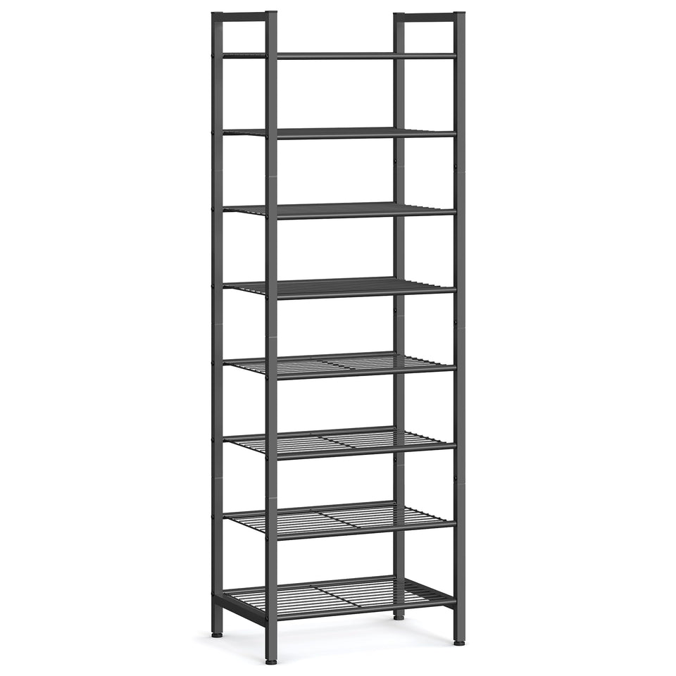 SongMICS metal shoe rack 8-tier black front view for compact closet storage.
