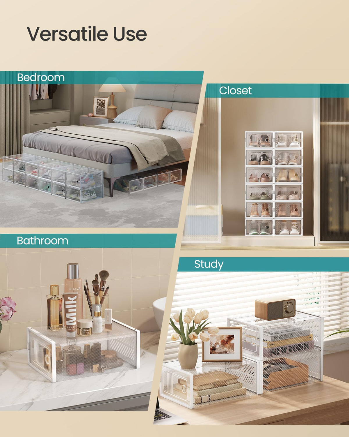 SONGMICS multi-purpose boxes keep clothes and accessories neatly organized.