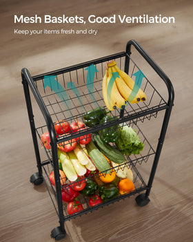 Songmics 3-tier cart with removable shelves enables quick reconfiguration.