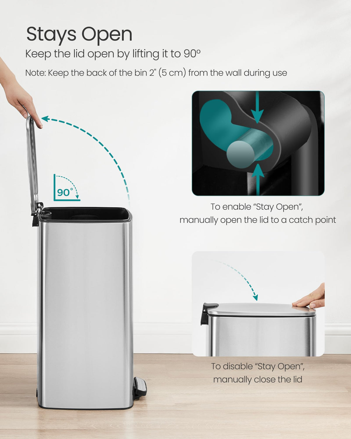 SONGMICS non-slip base helps keep the can steady on floors.