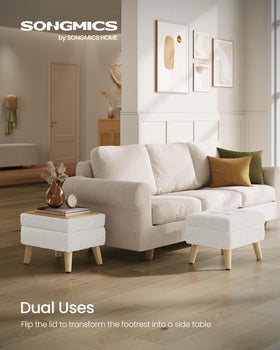 SONGMICS ottoman lid open reveals hidden storage for remotes and small items.