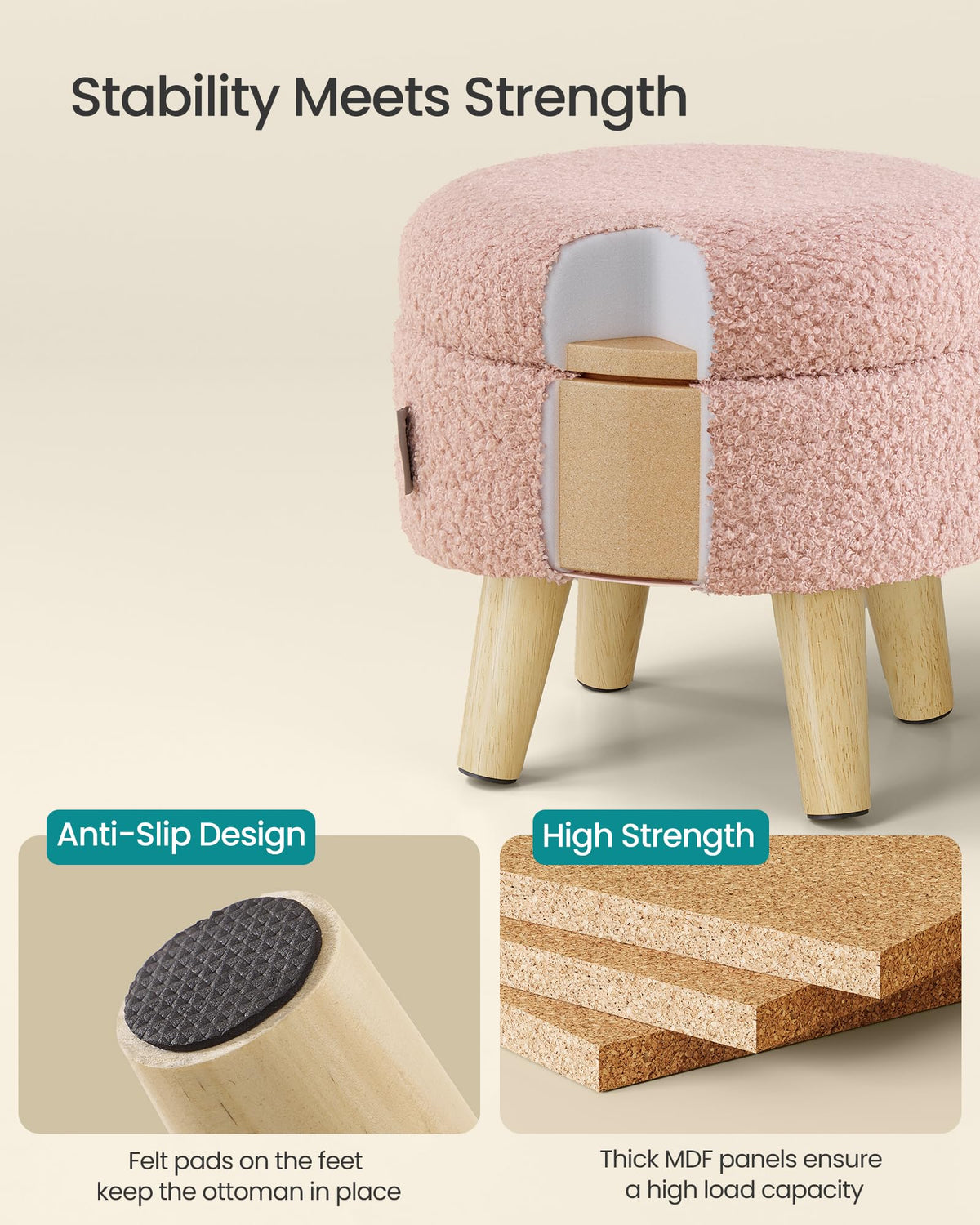 Songmics cozy pink ottoman fits compact living spaces in a living room setting.