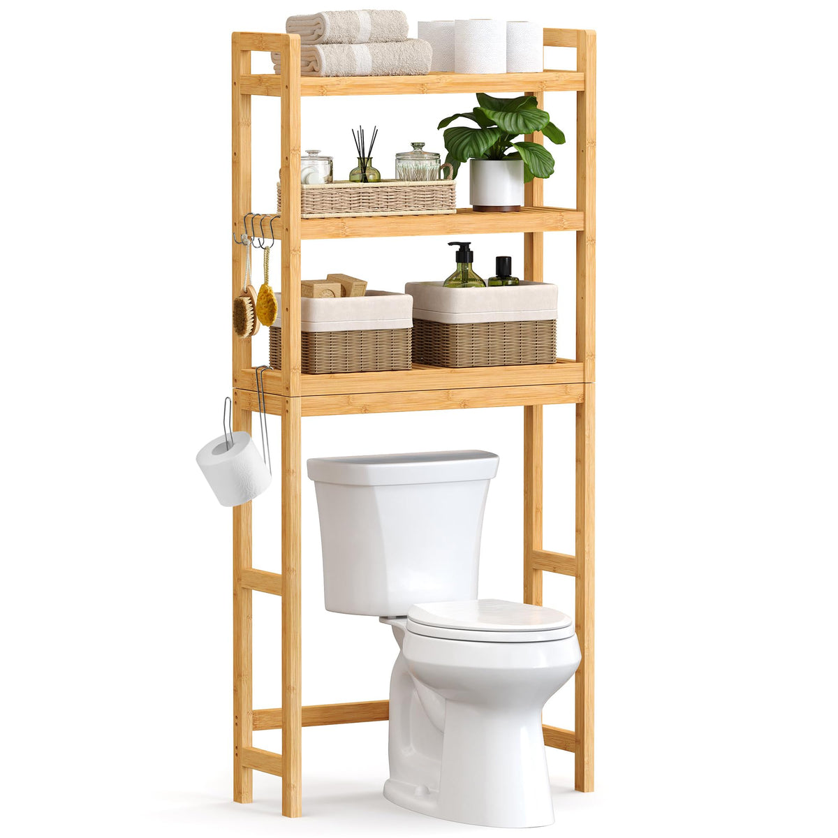 SONGMICS over-the-toilet storage with 3-tier shelves keeps towels organized and within reach