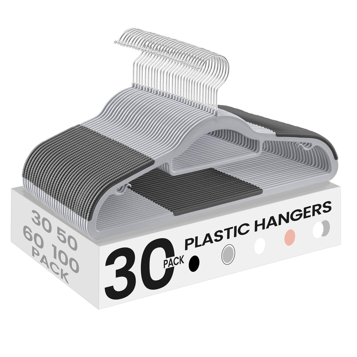 SONGMICS pack-30 coat hangers with non-slip shoulders keep garments in place.