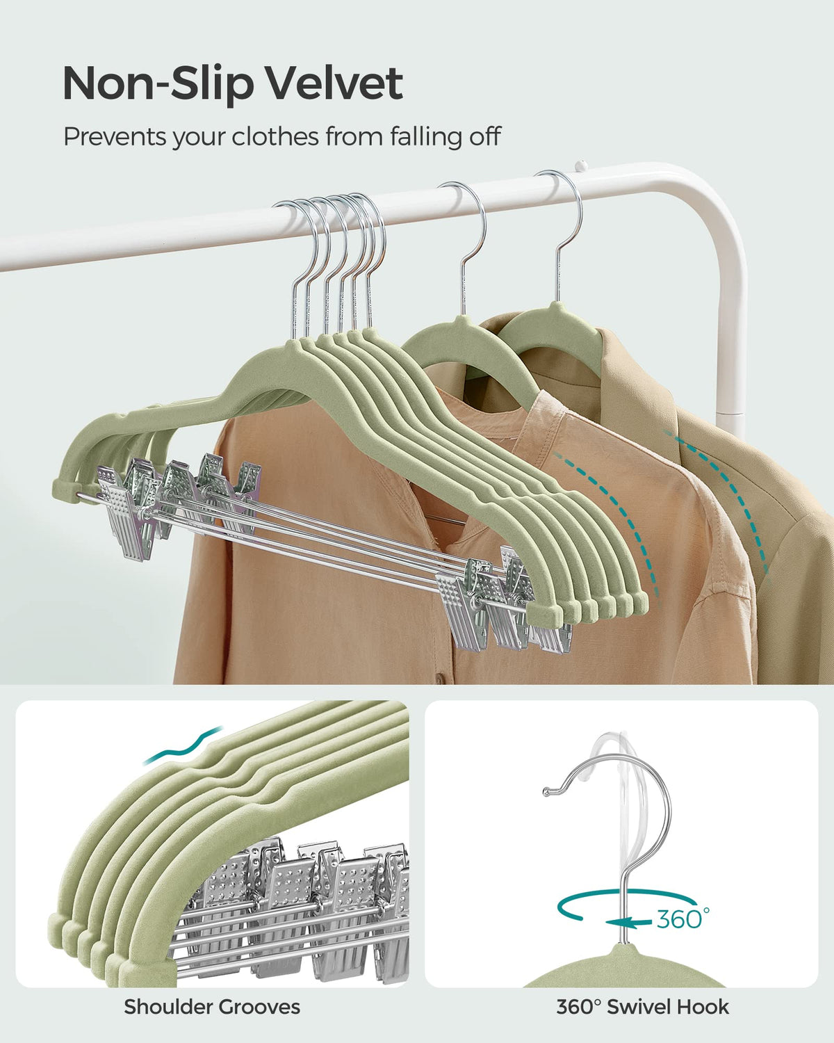 SONGMICS pale green hangers add a fresh look to your wardrobe.