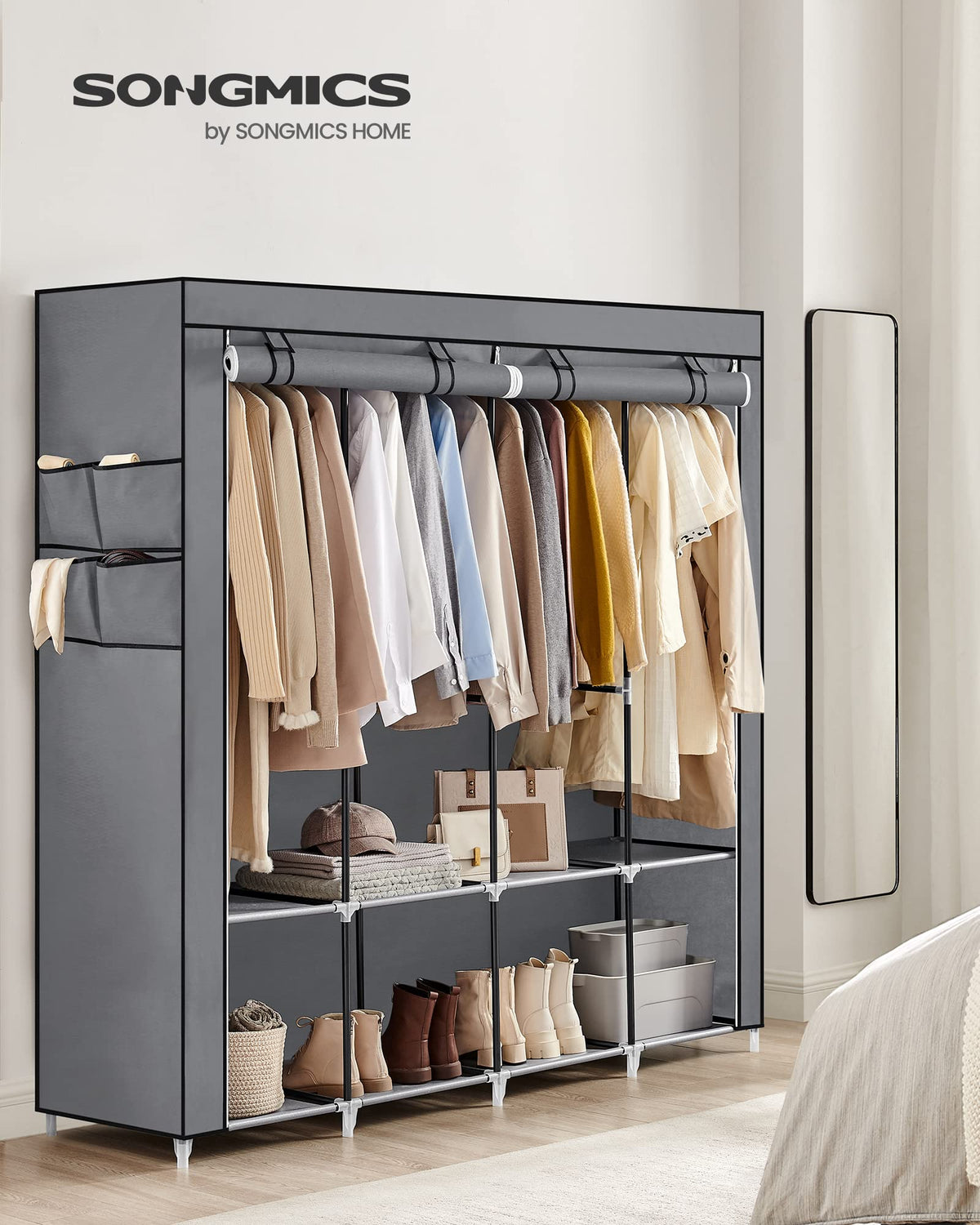 SONGMICS portable closet showing four hanging rails for wrinkle-free garments.