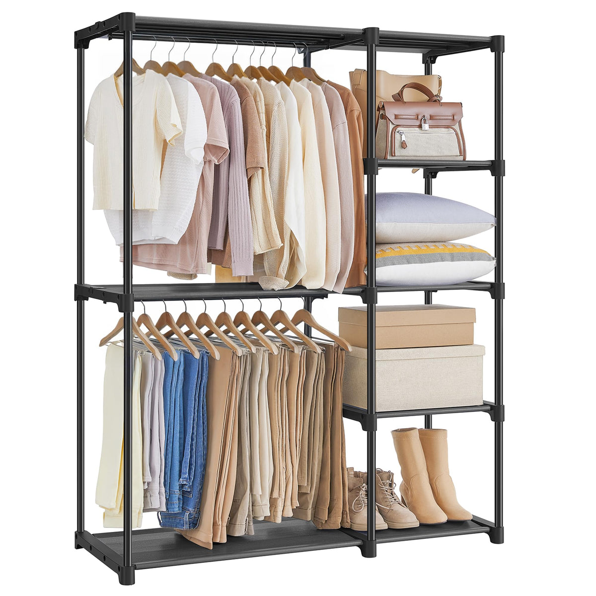 SONGMICS portable closet with two hanging areas and shelves for easy organization