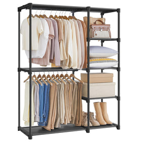 SONGMICS portable closet with two hanging areas and shelves for easy organization