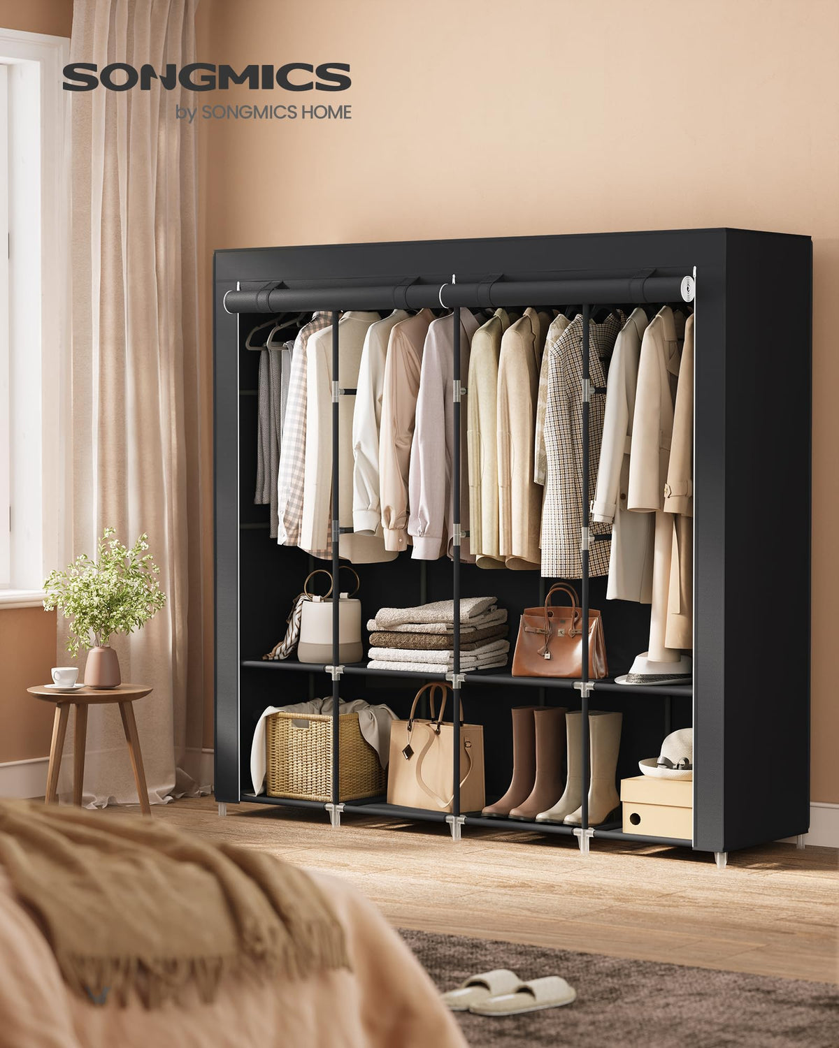 SONGMICS wardrobe cover protects clothes from dust.