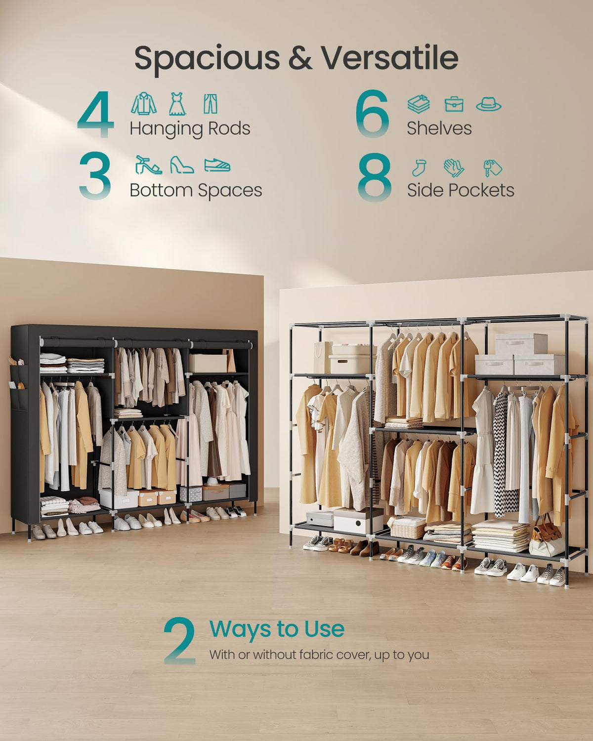 SONGMICS portable closet dust cover protects clothes from dust and light.