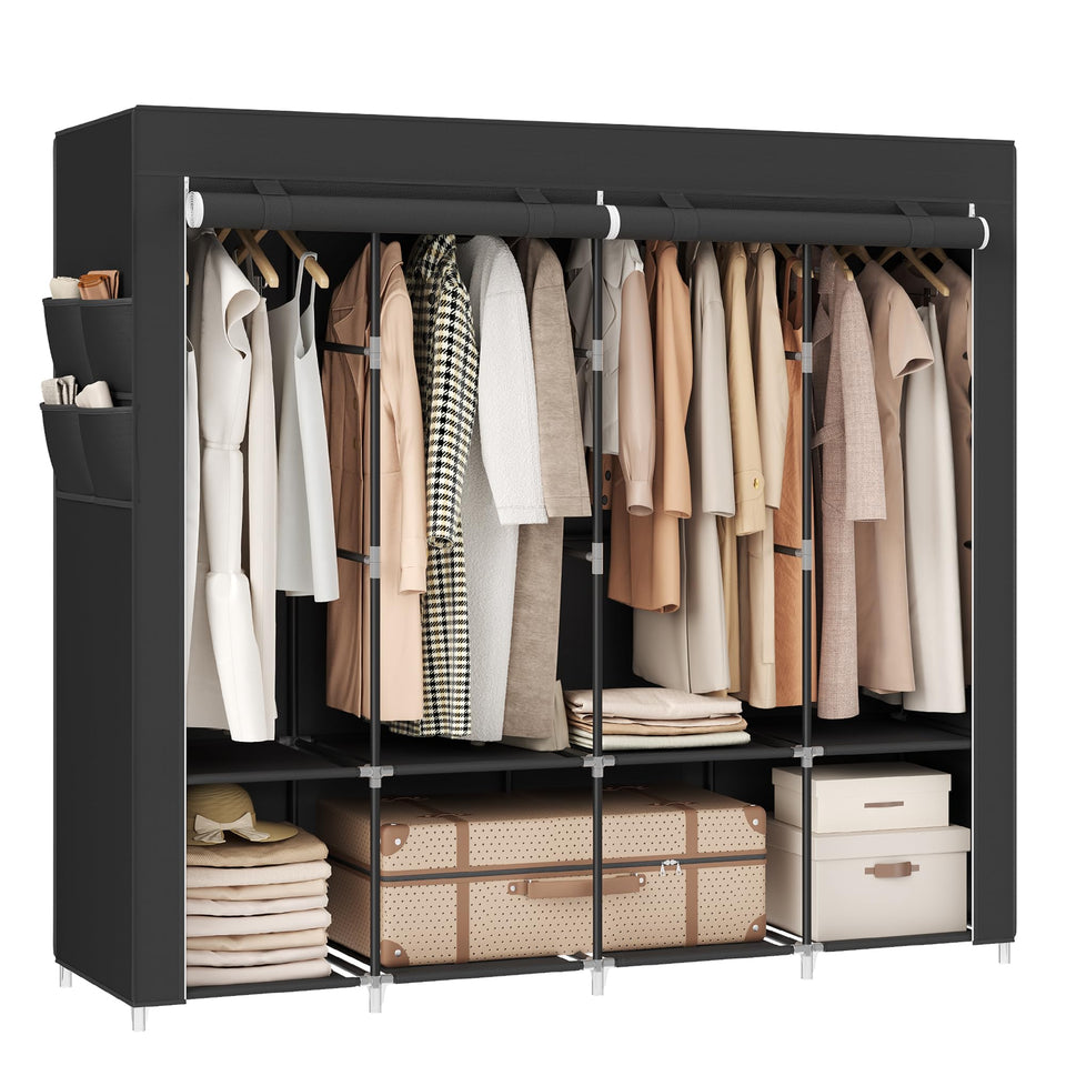 SONGMICS portable closet with four hanging rods keeps shirts wrinkle-free.