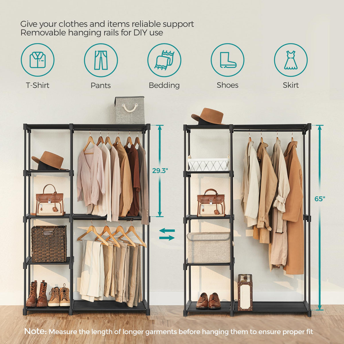SONGMICS removable middle shelf enables longer garments storage