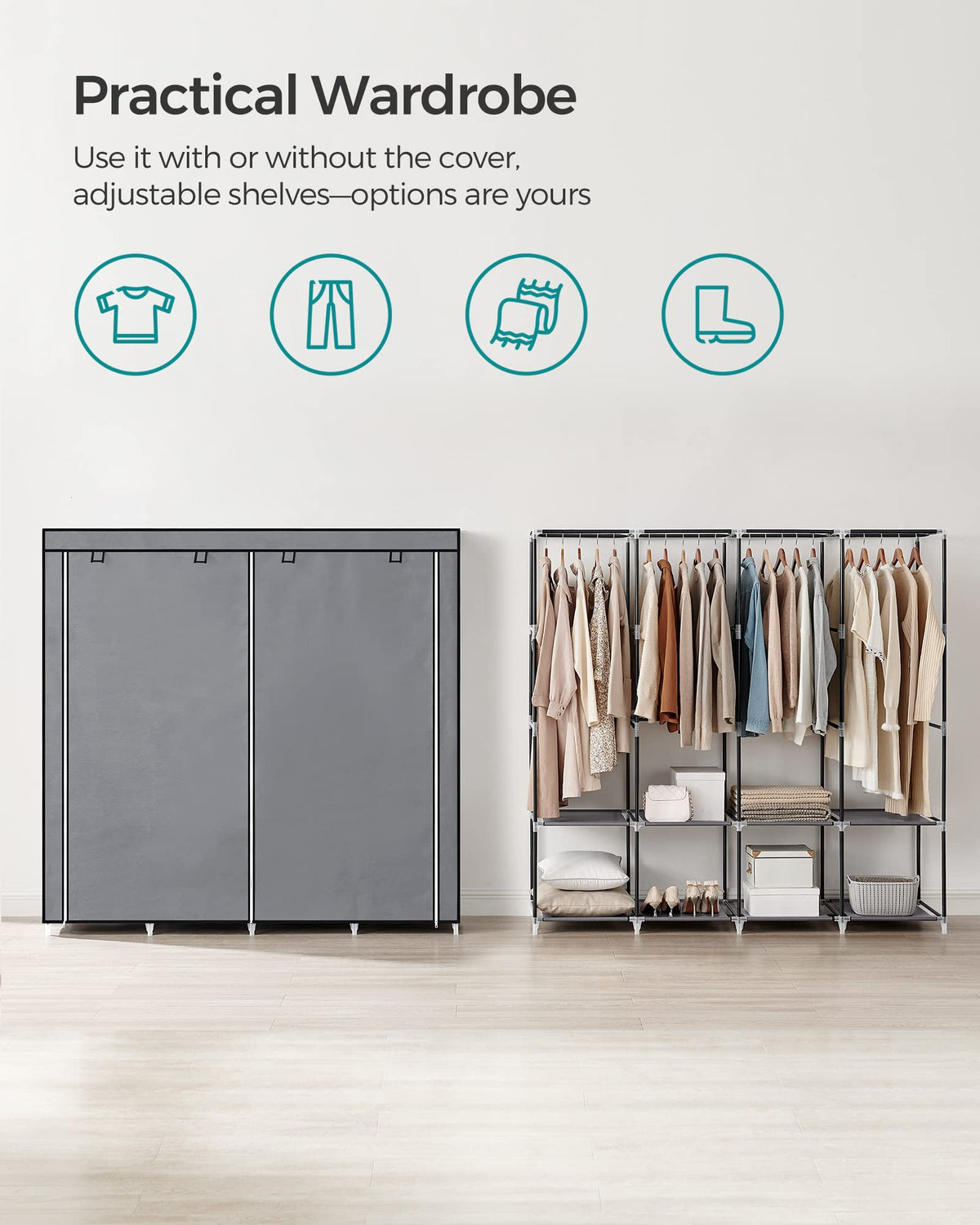 SONGMICS portable closet shelves store shoes and bags neatly.
