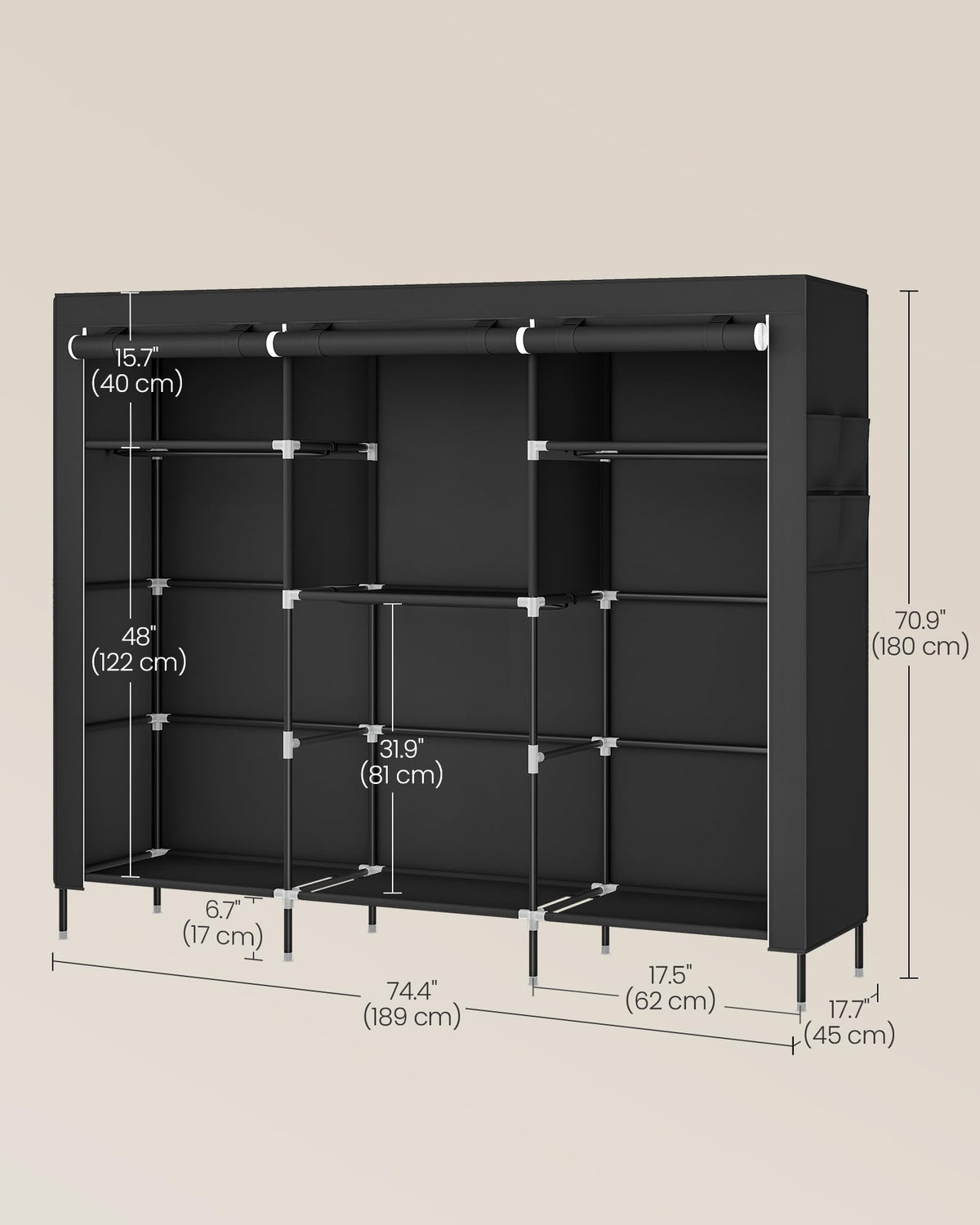 SONGMICS portable closet side pockets store scarves and belts for quick access.