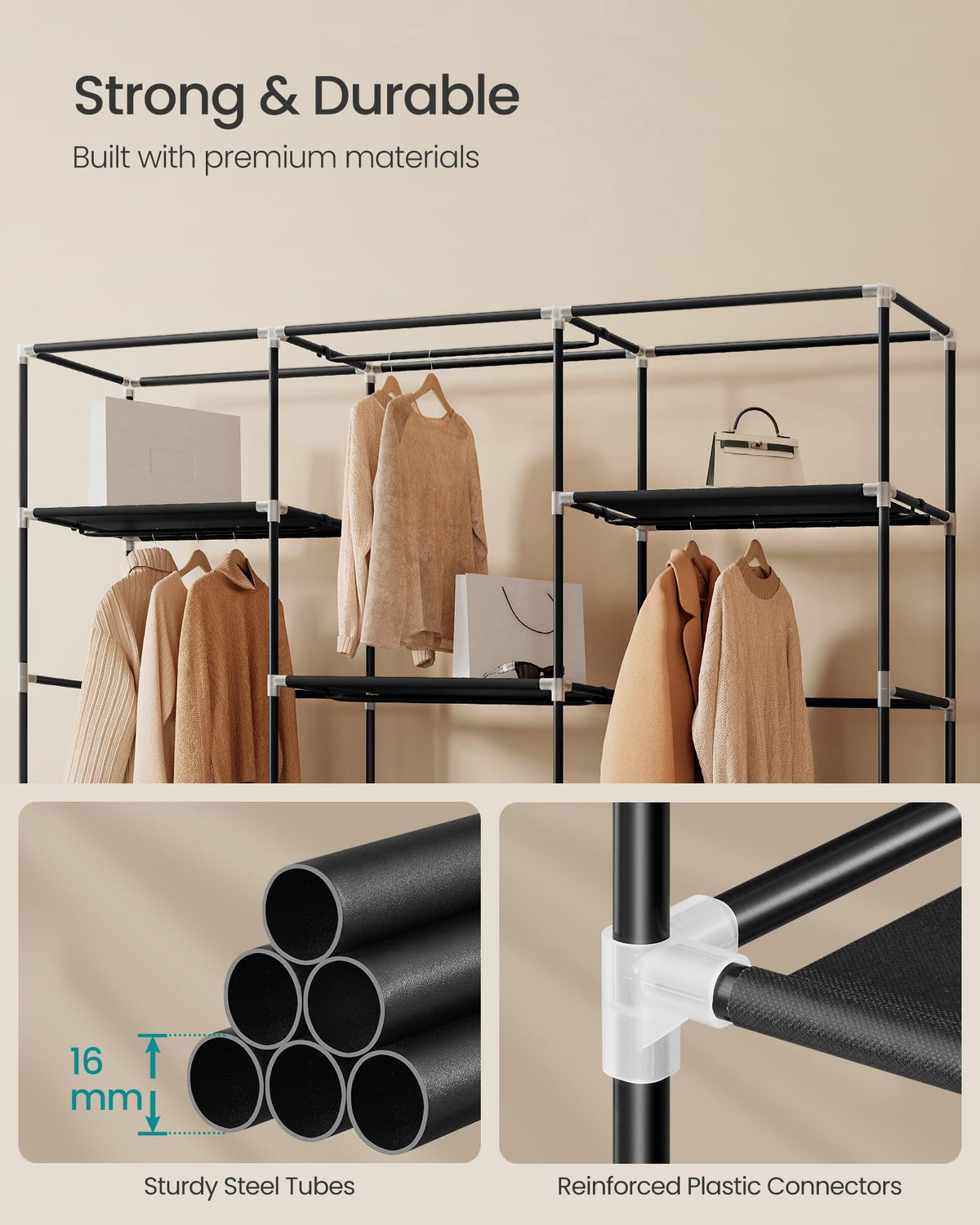 SONGMICS portable closet steel tubes and connectors provide sturdy assembly.