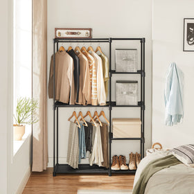 SONGMICS freestanding wardrobe rack showing two hanging zones and storage shelves