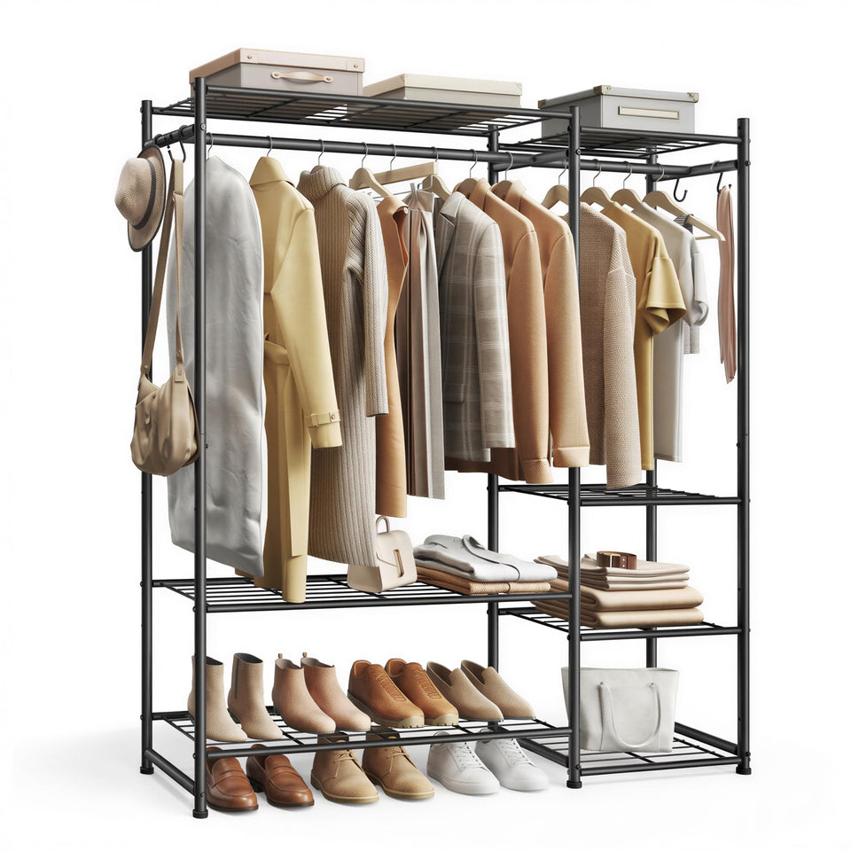 SONGMICS portable closet wardrobe with seven shelves enables organized daily clothing storage.