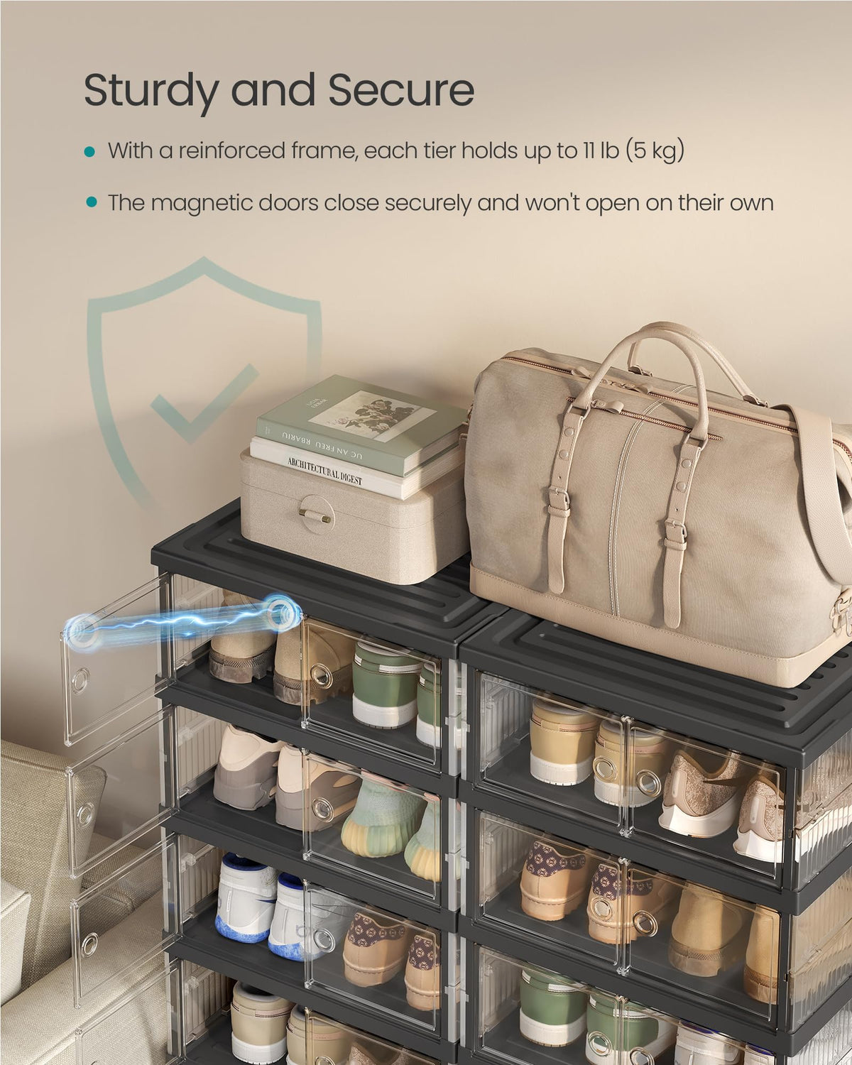 SONGMICS reinforced shelves support up to 11 lb per tier.