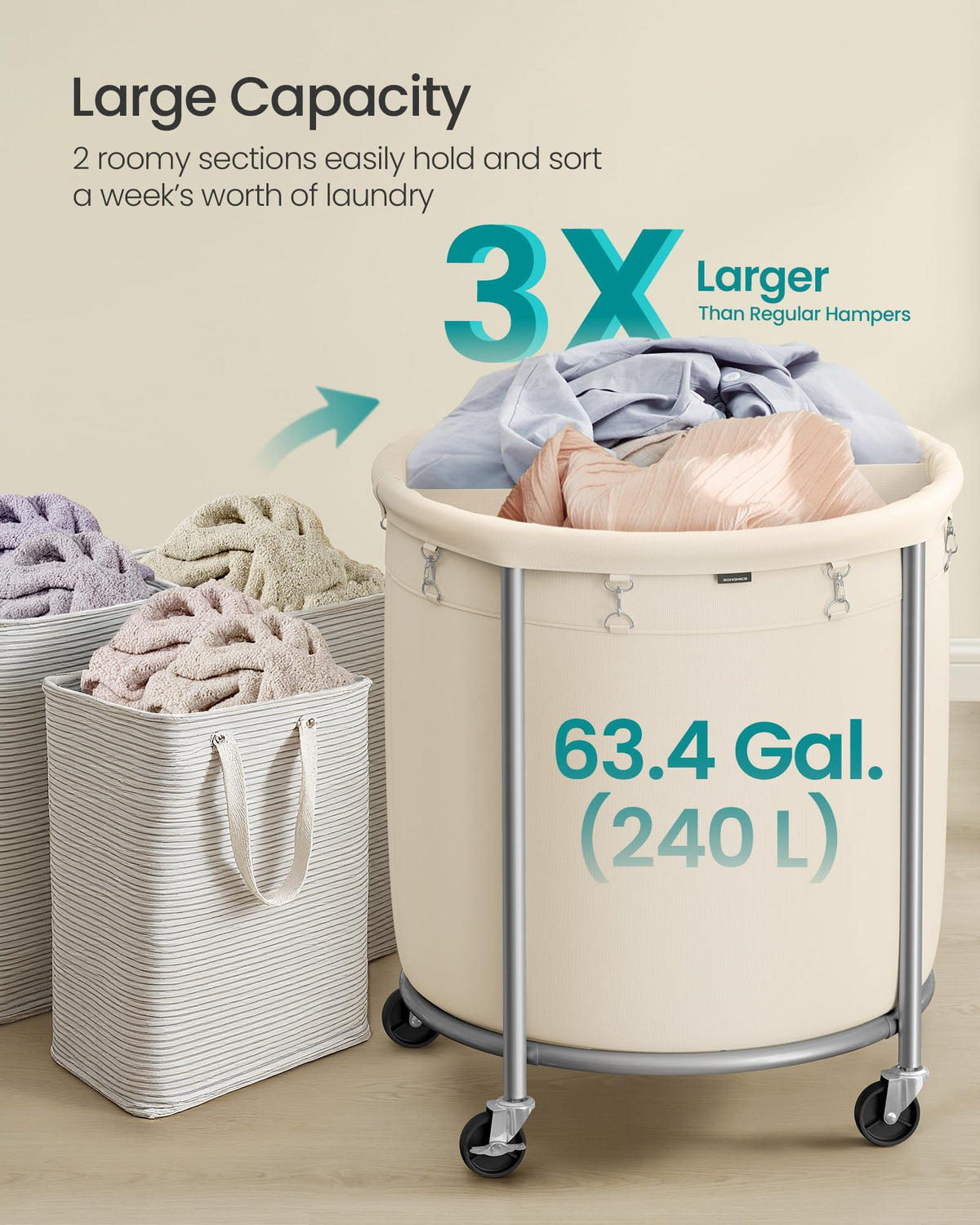 SONGMICS removable bag with PVC liner keeps laundry secure and easy to wipe clean.